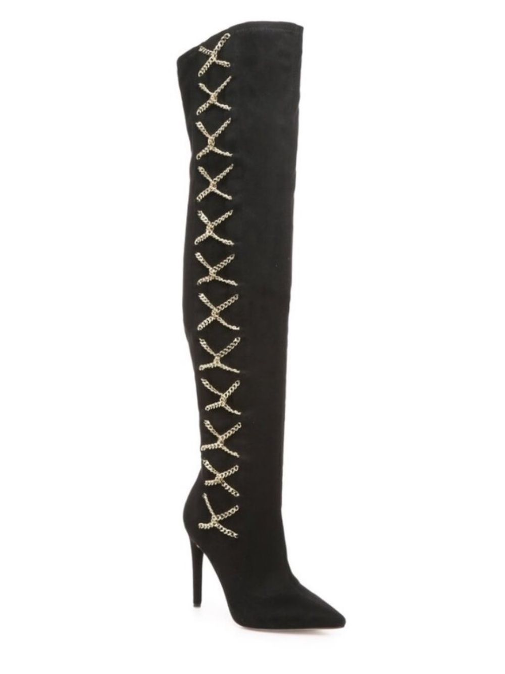Jennifer Lopez Black Over-the-Knee Stiletto Boots with Gold Chain Cross-Lace